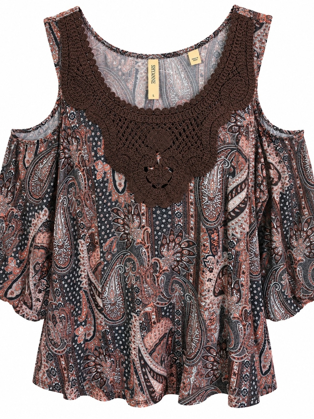 Shyanne Brown Paisley Cold-Shoulder Crochet Yoke Crop Top